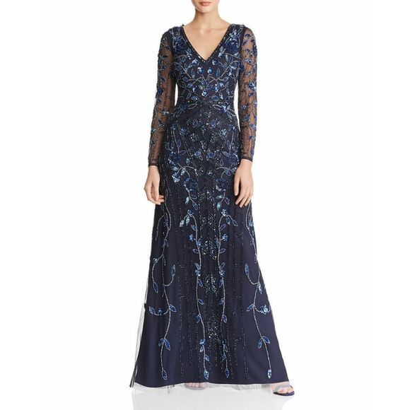 New! AIDAN MATTOX Women's Sequined Beaded Dress Gown Color Blue Long Sleeve